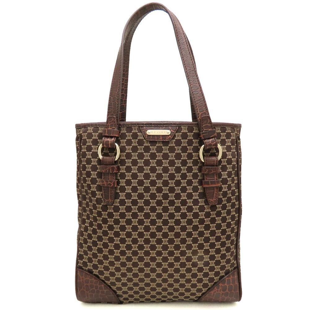CELINE Macadam Vintage WC-ST-0078 Tote Bag, Canvas x Embossed Leather, Dark B...